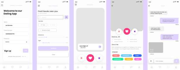 Date, Relations, Social Communication, Chat with friends and Dating Mobile App Ui Kit Template - obrazy, fototapety, plakaty