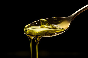 Olive oil pouring from a spoon  on black background
