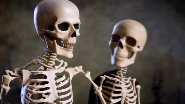 Two human skeletons on a blurry background with fog, a Halloween illustrated animated spooky short movie.