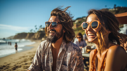 Man in beachwear capturing laughing girlfriend on Californian beach. - obrazy, fototapety, plakaty