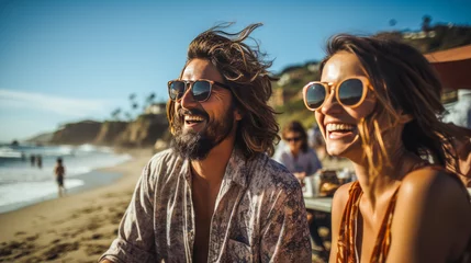 Fotobehang Man in beachwear capturing laughing girlfriend on Californian beach. © XaMaps