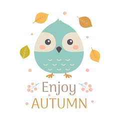 cute cartoon card with owl and autumn leaves isolated on white background for textile, cards, print, poster and any design