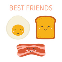 delicious breakfast of fried egg, bacon and slice of toasted bread character, vector illustration isolated on white background