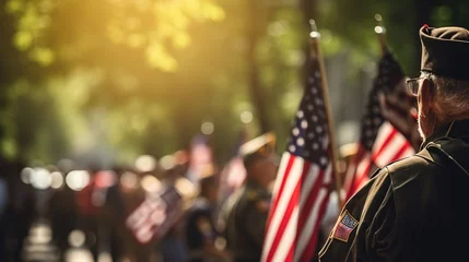 Foto op Canvas A group of veterans saluting the flag during a Memorial Day parade, with copy space, blurred background © Катерина Євтехова