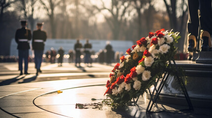 A wreath-laying ceremony at the Tomb of the Unknown Soldier, with copy space, blurred background - obrazy, fototapety, plakaty