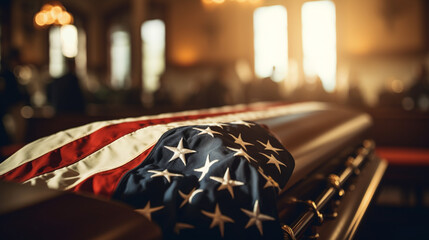 A flag-draped casket being carried by a military honor guard during a memorial service, with copy space, blurred background