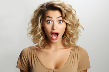 Naklejka premium Surprised scared portrait of young woman on white background