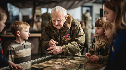 A veteran showing war memorabilia to a group of curious children, blurred background