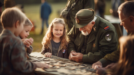 A veteran showing war memorabilia to a group of curious children, blurred background