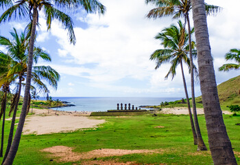 Anakena Beach, the most famous beach of Easter Island, where the set of moais Ahu Nau Nau is...