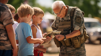 A veteran showing war memorabilia to a group of curious children, blurred background - obrazy, fototapety, plakaty