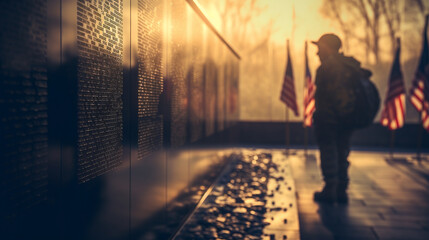 A veteran's shadow on a memorial wall with the names of fallen comrades, blurred background
