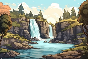 Waterfall on the river in the forest. Cartoon vector illustration.