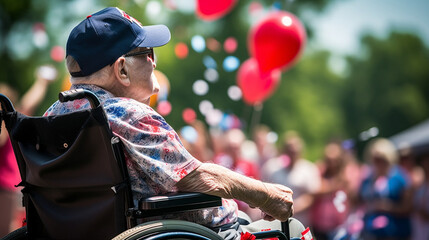 A salute from a veteran in a wheelchair during a patriotic event, blurred background - obrazy, fototapety, plakaty