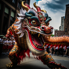 Obraz premium Dance with the Chinese dragon, there is a celebration on the streets of China, a positive atmosphere.