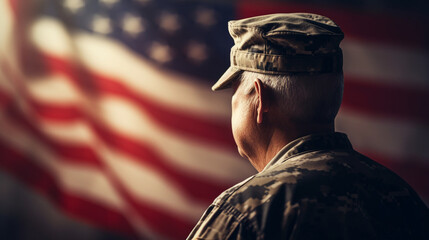 A veteran saluting the American flag during the national anthem, blurred background - obrazy, fototapety, plakaty