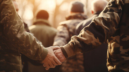 Veterans holding hands, forming a circle of support, blurred background - obrazy, fototapety, plakaty