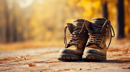 A close-up of a veteran's aged boots, symbolizing their journey, blurred background - obrazy, fototapety, plakaty
