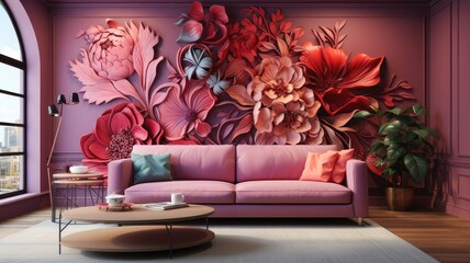 Living Room Style Enhanced by Exotic Floral Pattern Wallpaper Texture