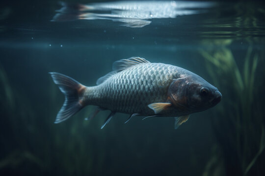 Close up of a common carp swimming in an aquarium. Aquarium.