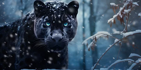 Foto op Plexiglas Silent Majesty: Black Panther in the Winter's Embrace"   Background Design   Generative AI Artwork © Larissa