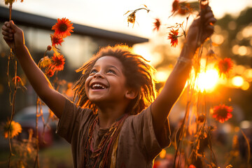 Child reaching for dreamcatcher in sunset-lit meadow.