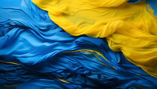 Wheat grains on the yellow and blue flag of Ukraine. Ukrainian grain crisis, global hunger crisis concept due to war