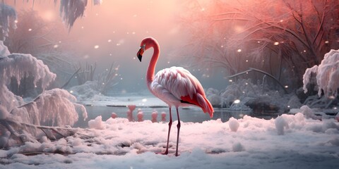 "Snowy Elegance: Flamingo in the Frost" | Background Design | Generative AI Artwork