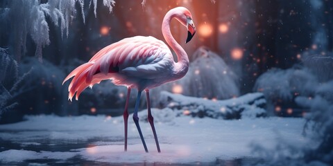 "Snowy Elegance: Flamingo in the Frost" | Background Design | Generative AI Artwork