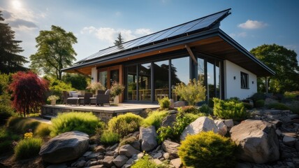 Fototapeta na wymiar Newly Built Houses with Solar Panels. Eco-Friendly Living Beneath a Sunny Sky