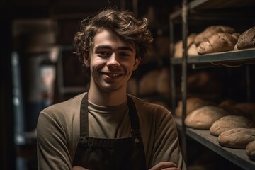Fototapeta na wymiar Cheerful baker with bread in kitchen