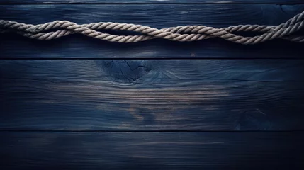 Fotobehang White rope on dark blue wood background, copy space © Aleksandr Bryliaev