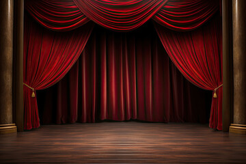 Empty wooden stage with red curtain