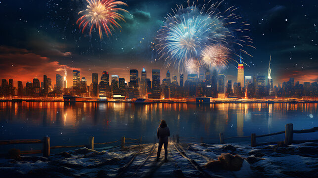 illustration of a city background with a sea view with a New Year theme