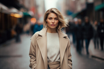 Fototapeta premium Generative ai photo of a lovely glamour woman walking in city sunny weather outside