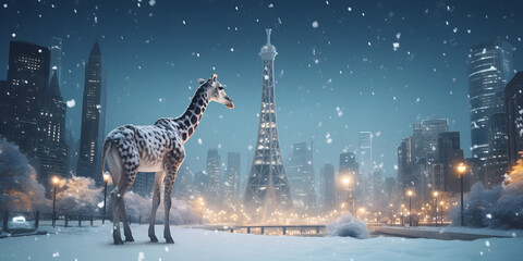 "Graceful Giants in Winter's Embrace: A Giraffe's Wonderland" | Background Design | Generative AI Artwork
