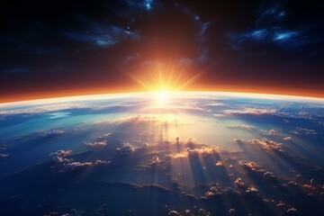 Fototapeta na wymiar Sunrise over planet earth with bright sun, flare, and city lights. Generative AI