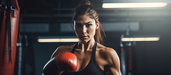Female doing boxing practice wearing gloves and striking a punching bag at the gym