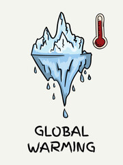 Color hand drawn illustration dedicated to the theme of global warming with a melting iceberg.