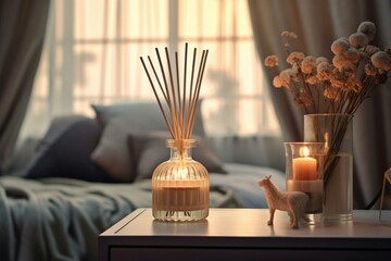 Aromatic diffuser in a comforting room, cozy setting with lovely scent, blurred surroundings. Generative AI - obrazy, fototapety, plakaty