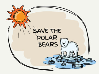 Color hand drawn illustration dedicated to the theme of global warming with a dying polar bear.