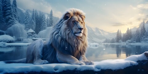 Regal Roar in the Snow: The Winter Lion" | Background Design | AI Generated Artwork