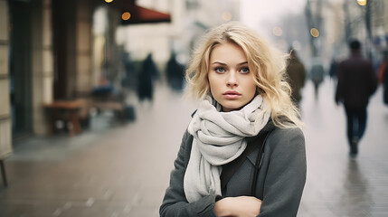 Fototapeta premium Young single woman on a city street. Autumn Depression, loneliness in the big city. 