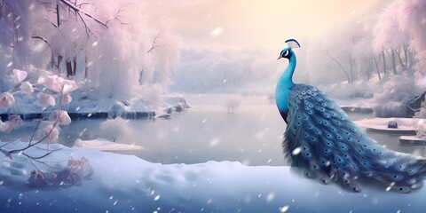 "Winter's Elegance: Peacock in a Snowy Display" | Background Design | AI Generated Artwork