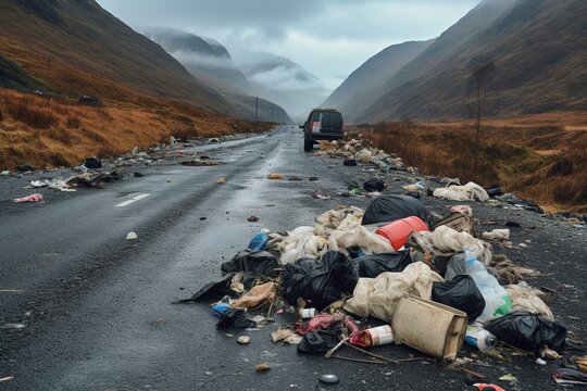 rubbish spread across empty road. Generative AI