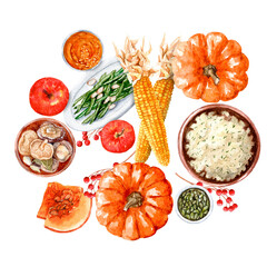Hand drawn set of Thanksgiving dishes. Aquarelle illustration of vegetarian meals