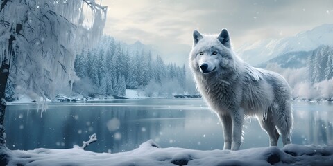 "Winter's Watch: The Lone Wolf in the Snowy Wilderness" | Background Design | Generative AI Artwork