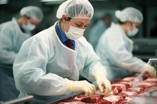 Female meat processor in uniform at a meat processing plant