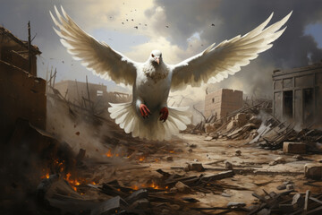 A white peace dove flying through a city war zone during a conflict - obrazy, fototapety, plakaty