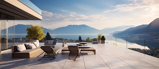 Pristine penthouse terrace with a lake view outside With copyspace for text - obrazy, fototapety, plakaty